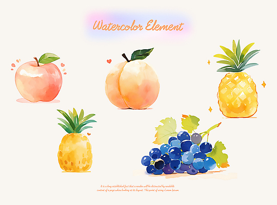 PSD 잎 일러스트 포도 붓터치 수채화 사람없음 사과 파인애플 복숭아 엘리먼트 국내일러스트 식물 과일 열대과일 파일형식