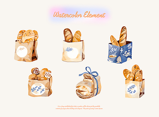 PSD 잎 일러스트 붓터치 수채화 사람없음 종이봉투 바게트 엘리먼트 국내일러스트 식물 빵 봉투 파일형식