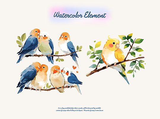 PSD 잎 일러스트 조류 붓터치 수채화 사람없음 나뭇가지 하트 엘리먼트 국내일러스트 모양 나무 식물 동물 파일형식