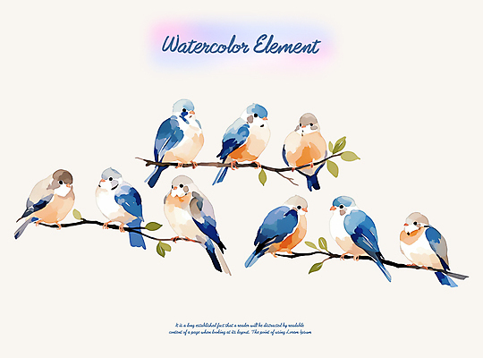 PSD 잎 일러스트 조류 붓터치 수채화 사람없음 나뭇가지 엘리먼트 국내일러스트 나무 식물 동물 파일형식