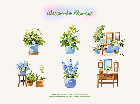PSD 꽃 화분 액자 잎 의자 일러스트 붓터치 수채화 사람없음 책상 엘리먼트 국내일러스트 식물 가구 파일형식