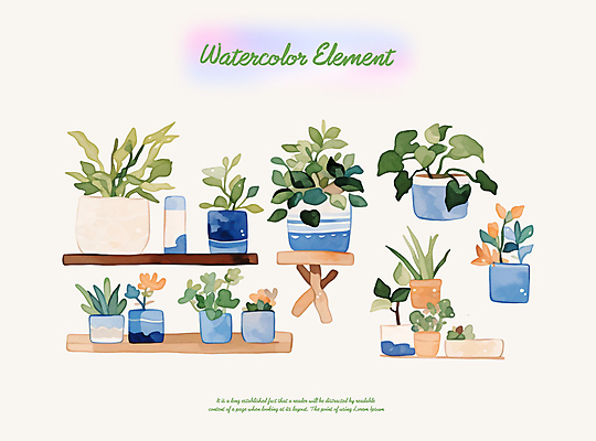 PSD 화분 잎 일러스트 붓터치 수채화 선반 사람없음 엘리먼트 국내일러스트 식물 가구 파일형식