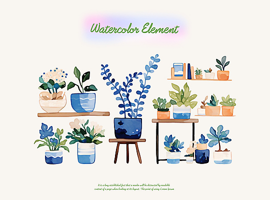 PSD 화분 잎 일러스트 붓터치 수채화 선반 사람없음 엘리먼트 국내일러스트 식물 가구 파일형식