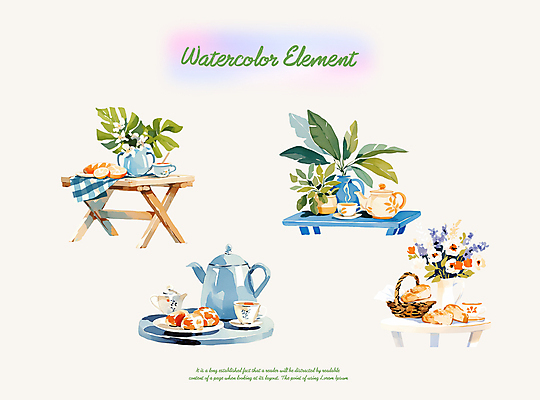 PSD 화분 잎 일러스트 탁자 주전자 붓터치 디저트 수채화 사람없음 꽃병 보자기 차 찻잔 엘리먼트 국내일러스트 식물 꽃 음료 음식 가구 주방용품 잔 파일형식 천_직물
