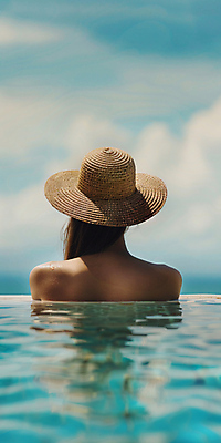 JPG 구름 편집이미지 모자 여자 여행 휴식 수영장 한명 성인 힐링 의료성형뷰티 성인여자한명만 편집실사 AI인물포토 AI콘텐츠 자연요소 1 잡화 컨셉 사람 CG 여자한명만 성인여자만 파일형식 AI포토