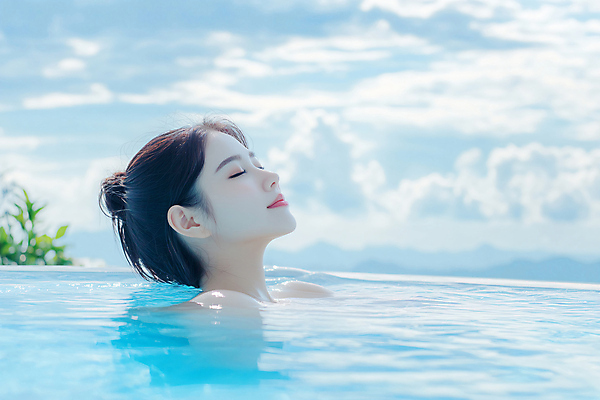 JPG 구름 편집이미지 여자 여행 휴식 수영장 한명 미소 성인 눈감음 힐링 의료성형뷰티 성인여자한명만 편집실사 AI인물포토 AI콘텐츠 자연요소 1 컨셉 모션 표정 사람 CG 여자한명만 성인여자만 파일형식 AI포토