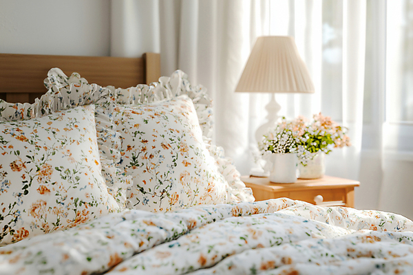 JPG 편집이미지 꽃 베개 침구 실내 사람없음 인테리어 꽃병 봄 침실 이불 침대 스탠드 커튼 포근함 편집실사 AI포토 AI콘텐츠 식물 디자인 계절 가구 조명 내부 감각 CG 파일형식