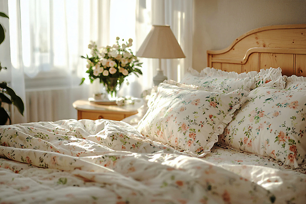 JPG 편집이미지 꽃 베개 침구 실내 사람없음 인테리어 봄 침실 이불 침대 스탠드 커튼 포근함 편집실사 AI포토 AI콘텐츠 식물 디자인 계절 가구 조명 내부 감각 CG 파일형식