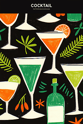 PSD 열매 백그라운드 잎 오렌지 일러스트 술병 사람없음 칵테일 칵테일잔 라임 트로피컬아트 국내일러스트 식물 술잔 과일 병_용기 주류 그림 파일형식