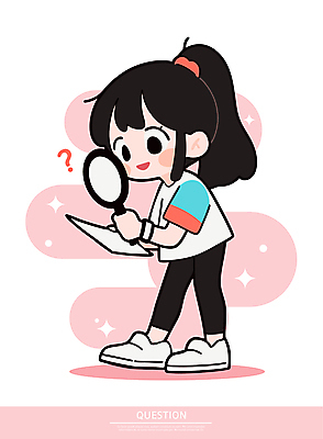 전신 여자 종이 어린이 분홍색 일러스트 돋보기 한명 미소 들기 소녀 반짝임 물음표 관찰 호기심 소녀한명만 일러캐릭터 AI파일 캐릭터 1 기호 감정 컬러 컨셉 모션 표정 사람 여자한명만 소녀만 파일형식 벡터