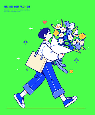 전신 남자 꽃다발 일러스트 한명 미소 들기 성인 초록색 반짝임 걷기 하트 에코백 성인남자한명만 일러캐릭터 AI파일 모양 캐릭터 1 꽃 컬러 가방 모션 표정 사람 에코 남자한명만 성인남자만 파일형식 벡터