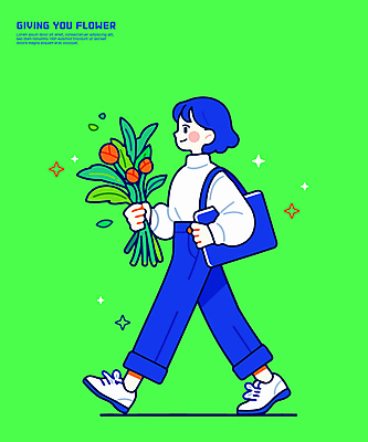전신 여자 꽃다발 일러스트 한명 미소 들기 성인 초록색 반짝임 걷기 에코백 성인여자한명만 일러캐릭터 AI파일 캐릭터 1 꽃 컬러 가방 모션 표정 사람 에코 여자한명만 성인여자만 파일형식 벡터