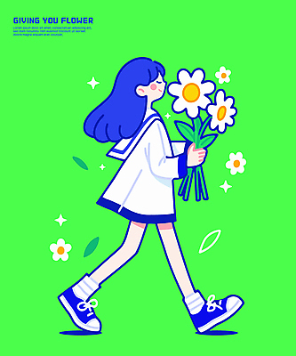 전신 여자 꽃다발 일러스트 한명 미소 들기 성인 초록색 반짝임 걷기 성인여자한명만 일러캐릭터 AI파일 캐릭터 1 꽃 컬러 모션 표정 사람 여자한명만 성인여자만 파일형식 벡터