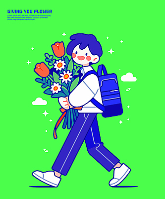 전신 구름 남자 꽃다발 일러스트 안기 청소년 한명 미소 초록색 반짝임 걷기 십대남자한명만 일러캐릭터 AI파일 자연요소 캐릭터 1 꽃 컬러 모션 표정 사람 남자한명만 십대남자만 파일형식 벡터