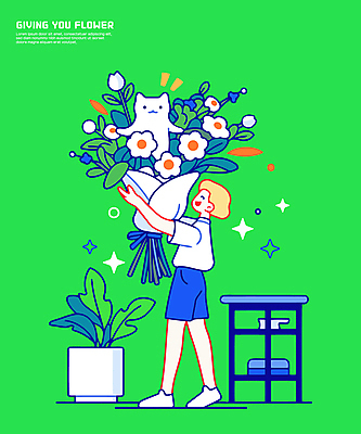 전신 여자 화분 꽃다발 일러스트 한명 미소 들기 성인 초록색 반짝임 고양이 풀 서랍장 성인여자한명만 일러캐릭터 AI파일 식물 캐릭터 1 꽃 컬러 가구 포유류 모션 표정 사람 반려동물 여자한명만 성인여자만 파일형식 벡터