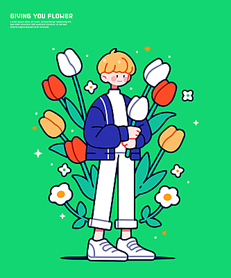 전신 남자 꽃다발 일러스트 한명 서기 미소 들기 성인 초록색 반짝임 튤립 성인남자한명만 일러캐릭터 AI파일 캐릭터 1 꽃 컬러 모션 표정 사람 남자한명만 성인남자만 파일형식 벡터