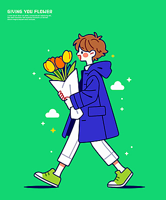 전신 구름 남자 꽃다발 일러스트 한명 미소 들기 성인 초록색 반짝임 걷기 튤립 성인남자한명만 일러캐릭터 AI파일 자연요소 캐릭터 1 꽃 컬러 모션 표정 사람 남자한명만 성인남자만 파일형식 벡터