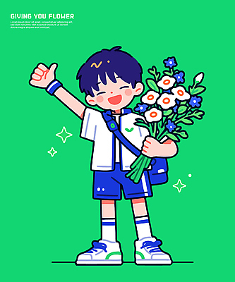 전신 남자 어린이 꽃다발 일러스트 한명 서기 미소 들기 소년 초록색 반짝임 손들기 크로스백 소년한명만 일러캐릭터 AI파일 캐릭터 1 꽃 컬러 가방 모션 표정 사람 남자한명만 소년만 파일형식 벡터