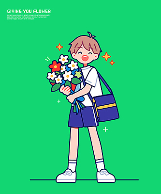 전신 남자 꽃다발 일러스트 청소년 한명 서기 미소 들기 초록색 반짝임 크로스백 십대남자한명만 일러캐릭터 AI파일 캐릭터 1 꽃 컬러 가방 모션 표정 사람 남자한명만 십대남자만 파일형식 벡터