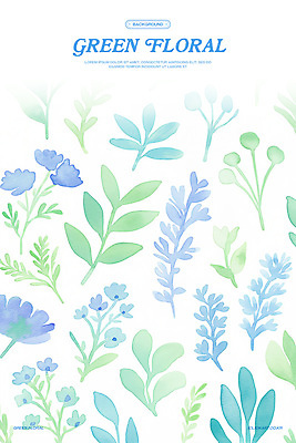 PSD 꽃 백그라운드 잎 일러스트 수채화 사람없음 파란색 국내일러스트 식물 컬러 파일형식