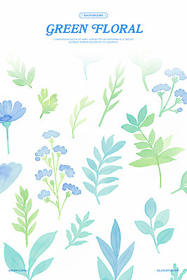 PSD 꽃 백그라운드 잎 일러스트 수채화 사람없음 파란색 국내일러스트 식물 컬러 파일형식