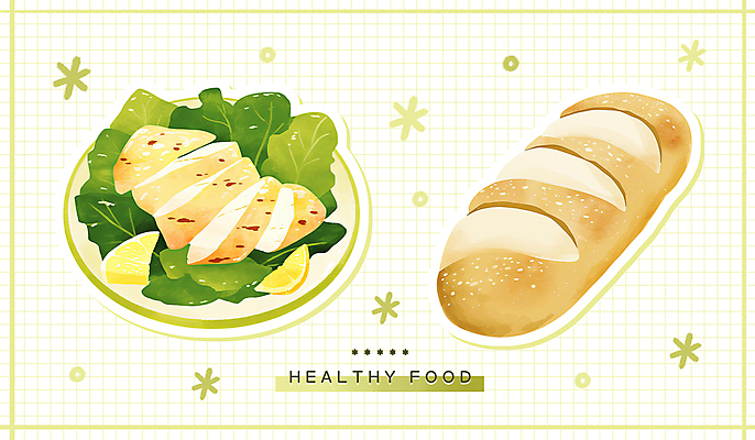 PSD 접시 일러스트 건강 사람없음 샐러드 레몬 건강식 닭가슴살 통밀빵 국내일러스트 식기 음식 빵 과일 닭고기 파일형식