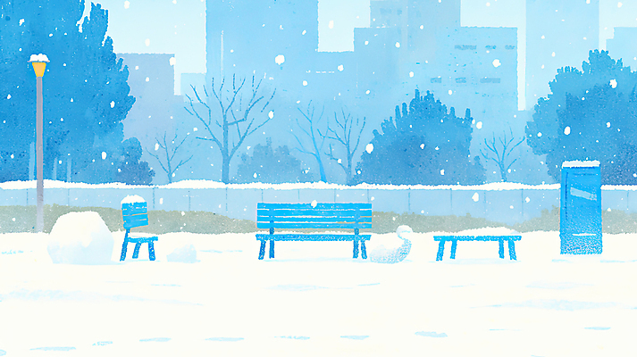JPG 나무 공원 겨울 가로등 벤치 일러스트 풍경 사람없음 건물 파란색 담장 도시 눈덩이 쌓인눈 눈내림 국내일러스트 AI일러스트 AI콘텐츠 식물 건축물 계절 공공시설 컬러 의자 눈_날씨 파일형식