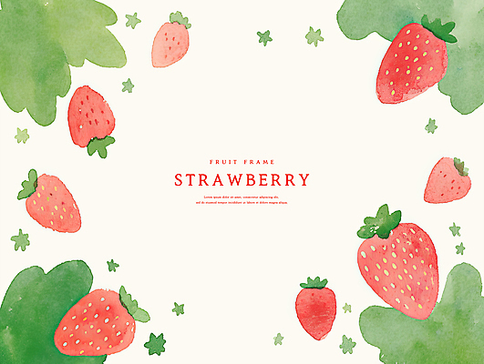 PSD 잎 일러스트 딸기 수채화 프레임 사람없음 빨간색 초록색 제철과일 국내일러스트 식물 컬러 과일 제철 파일형식