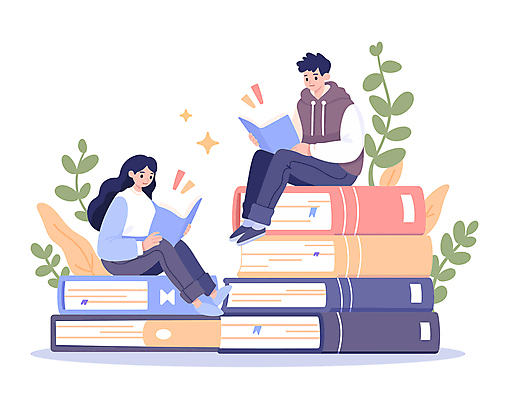 전신 여자 교육 남자 잎 일러스트 들기 앉기 성인 두명 반짝임 스터디 독서 책더미 성인만 국내일러스트 AI파일 식물 모션 사람 책 학습 무더기 파일형식 벡터