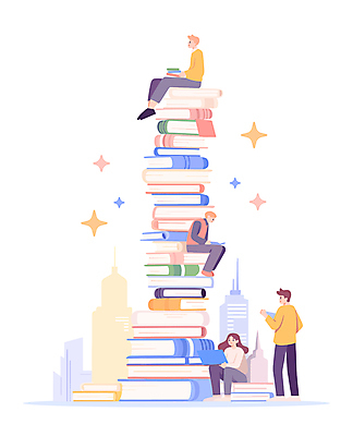 전신 여자 교육 남자 일러스트 들기 앉기 빌딩 여러명 성인 반짝임 스터디 독서 탑 책더미 성인만 국내일러스트 AI파일 건축물 다수 모션 사람 건물 책 학습 무더기 파일형식 벡터