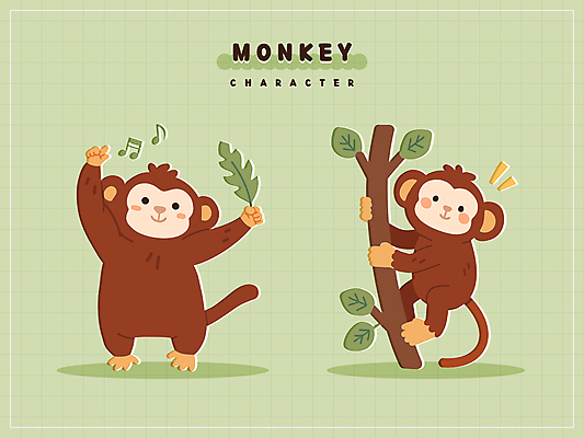 스티커 음표 일러스트 나뭇잎 매달리기 미소 들기 사람없음 초록색 손들기 귀여움 나뭇가지 원숭이 가리킴 잡기 원숭이캐릭터 일러캐릭터 AI파일 나무 캐릭터 기호 음악 컬러 동물캐릭터 컨셉 잎 포유류 모션 표정 손짓 파일형식 벡터