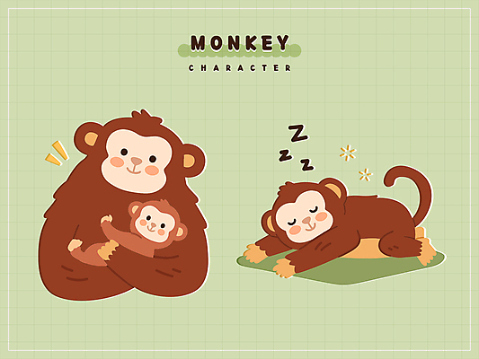 새끼 엎드리기 스티커 일러스트 안기 미소 사람없음 초록색 귀여움 눈감음 원숭이 잡기 잠 원숭이캐릭터 일러캐릭터 AI파일 동물 캐릭터 컬러 동물캐릭터 컨셉 포유류 모션 표정 파일형식 벡터