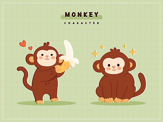 스티커 일러스트 바나나 미소 들기 앉기 사람없음 초록색 반짝임 귀여움 하트 원숭이 원숭이캐릭터 일러캐릭터 AI파일 모양 캐릭터 컬러 동물캐릭터 컨셉 과일 포유류 모션 표정 파일형식 벡터