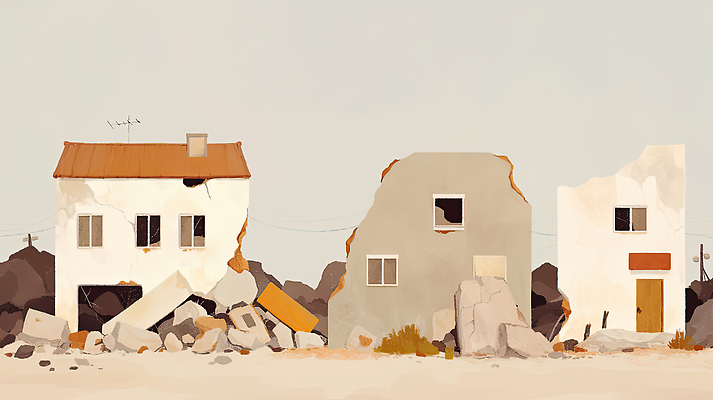 JPG 일러스트 주택 사람없음 피해 파편 위험 붕괴 지진 국내일러스트 AI일러스트 AI콘텐츠 컨셉 건물 자연재해 파일형식