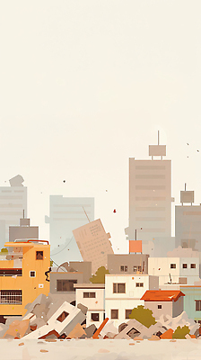 JPG 일러스트 사람없음 건물 피해 도시 파편 위험 붕괴 지진 국내일러스트 AI일러스트 AI콘텐츠 건축물 컨셉 자연재해 파일형식