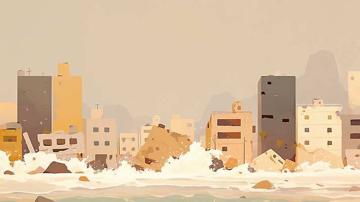 JPG 일러스트 사람없음 건물 피해 파편 위험 자연재해 붕괴 쓰나미 국내일러스트 AI일러스트 AI콘텐츠 건축물 컨셉 재해 해일 파일형식