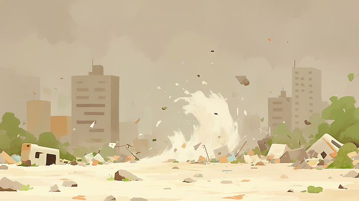 JPG 나무 일러스트 사람없음 건물 피해 파편 위험 자연재해 붕괴 돌풍 국내일러스트 AI일러스트 AI콘텐츠 식물 건축물 컨셉 바람 재해 파일형식