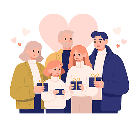 여자 할아버지 노년 남자 할머니 일러스트 가족 청소년 사랑 미소 들기 여러명 상반신 성인 선물상자 하트 국내일러스트 AI파일 모양 감정 다수 관계 모션 표정 선물 사람 상자 파일형식 벡터
