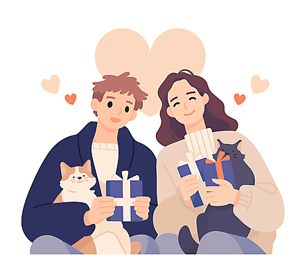 커플 여자 남자 일러스트 안기 사랑 미소 상반신 성인 두명 선물상자 고양이 하트 성인만 국내일러스트 AI파일 모양 감정 포유류 관계 모션 표정 선물 사람 반려동물 상자 파일형식 벡터
