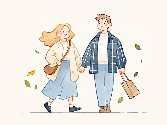 JPG 전신 커플 여자 남자 가방 데이트 일러스트 나뭇잎 미소 들기 성인 두명 걷기 손잡기 감성 성인만 국내일러스트 AI일러스트 AI콘텐츠 잡화 컨셉 잎 관계 모션 표정 사람 파일형식