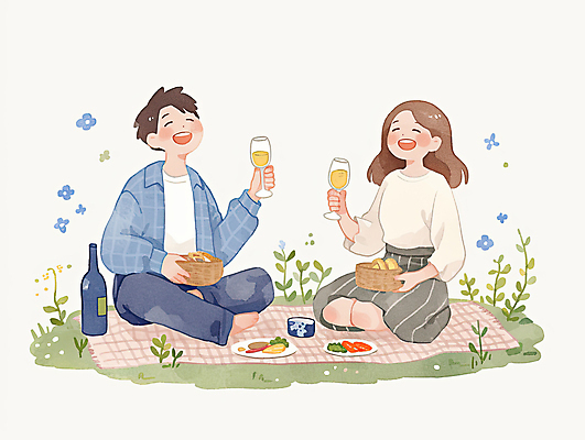 JPG 전신 접시 커플 여자 남자 꽃 음료 음식 데이트 일러스트 잔 미소 들기 앉기 성인 두명 소풍 바구니 풀 돗자리 감성 성인만 국내일러스트 AI일러스트 AI콘텐츠 식물 식기 컨셉 관계 모션 표정 사람 야외활동 파일형식