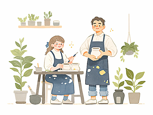 JPG 전신 식물 커플 여자 남자 화분 의자 데이트 일러스트 선반 서기 미소 들기 앉기 성인 두명 앞치마 도자기 도자기공예 책상 감성 성인만 국내일러스트 AI일러스트 AI콘텐츠 가구 컨셉 관계 모션 표정 사람 공예 파일형식