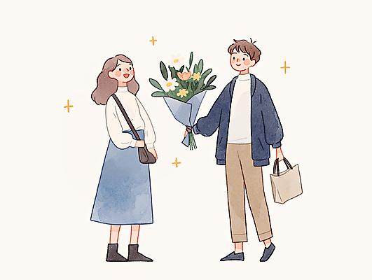 JPG 전신 커플 여자 남자 꽃다발 가방 데이트 일러스트 미소 들기 성인 두명 반짝임 주기 감성 성인만 국내일러스트 AI일러스트 AI콘텐츠 잡화 꽃 컨셉 관계 모션 표정 사람 파일형식