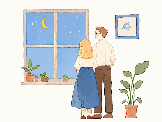 JPG 전신 식물 커플 여자 남자 화분 액자 데이트 일러스트 창문 서기 성인 두명 달 감성 성인만 국내일러스트 AI일러스트 AI콘텐츠 자연요소 컨셉 관계 모션 사람 파일형식