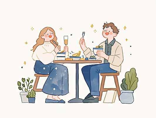 JPG 전신 식물 그릇 커플 여자 남자 화분 음료 음식 포크 의자 데이트 일러스트 잔 미소 들기 성인 두명 반짝임 감성 마주앉기 성인만 국내일러스트 AI일러스트 AI콘텐츠 식기 가구 컨셉 관계 모션 표정 사람 앉기 파일형식