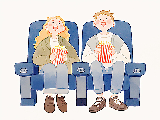 JPG 전신 커플 여자 남자 의자 데이트 일러스트 미소 들기 앉기 성인 두명 영화관 팝콘 감성 성인만 국내일러스트 AI일러스트 AI콘텐츠 가구 컨셉 관계 모션 표정 사람 극장 파일형식