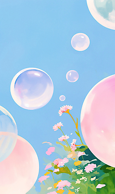 JPG 꽃 분홍색 일러스트 하늘 사람없음 비눗방울 감성 몽환 국내일러스트 AI일러스트 AI콘텐츠 식물 컬러 컨셉 파일형식