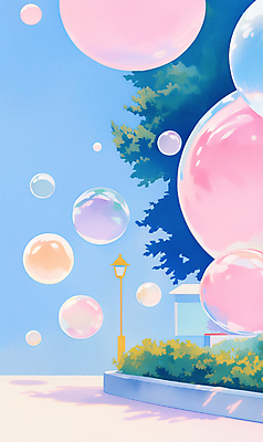 JPG 식물 공원 분홍색 가로등 일러스트 하늘 사람없음 비눗방울 감성 몽환 국내일러스트 AI일러스트 AI콘텐츠 공공시설 컬러 컨셉 파일형식