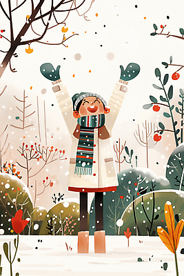 JPG 전신 식물 여자 어린이 장갑 겨울 일러스트 털모자 한명 웃음 풍경 소녀 컬러풀 목도리 만세 눈내림 소녀한명만 국내일러스트 AI일러스트 AI콘텐츠 모자_잡화 1 잡화 계절 컬러 모션 눈_날씨 표정 사람 여자한명만 소녀만 파일형식