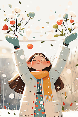 JPG 나무 여자 꽃 어린이 겨울 일러스트 한명 미소 웃음 소녀 상반신 목도리 만세 눈내림 소녀한명만 국내일러스트 AI일러스트 AI콘텐츠 식물 1 잡화 계절 모션 눈_날씨 표정 사람 여자한명만 소녀만 파일형식